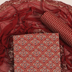 Maroon Floral Foil Printed Cotton Blend Dress Material
