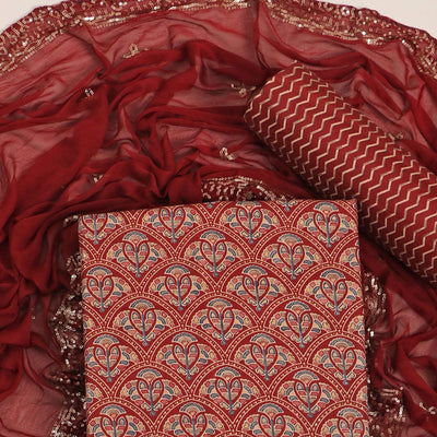 Maroon Floral Foil Printed Cotton Blend Dress Material