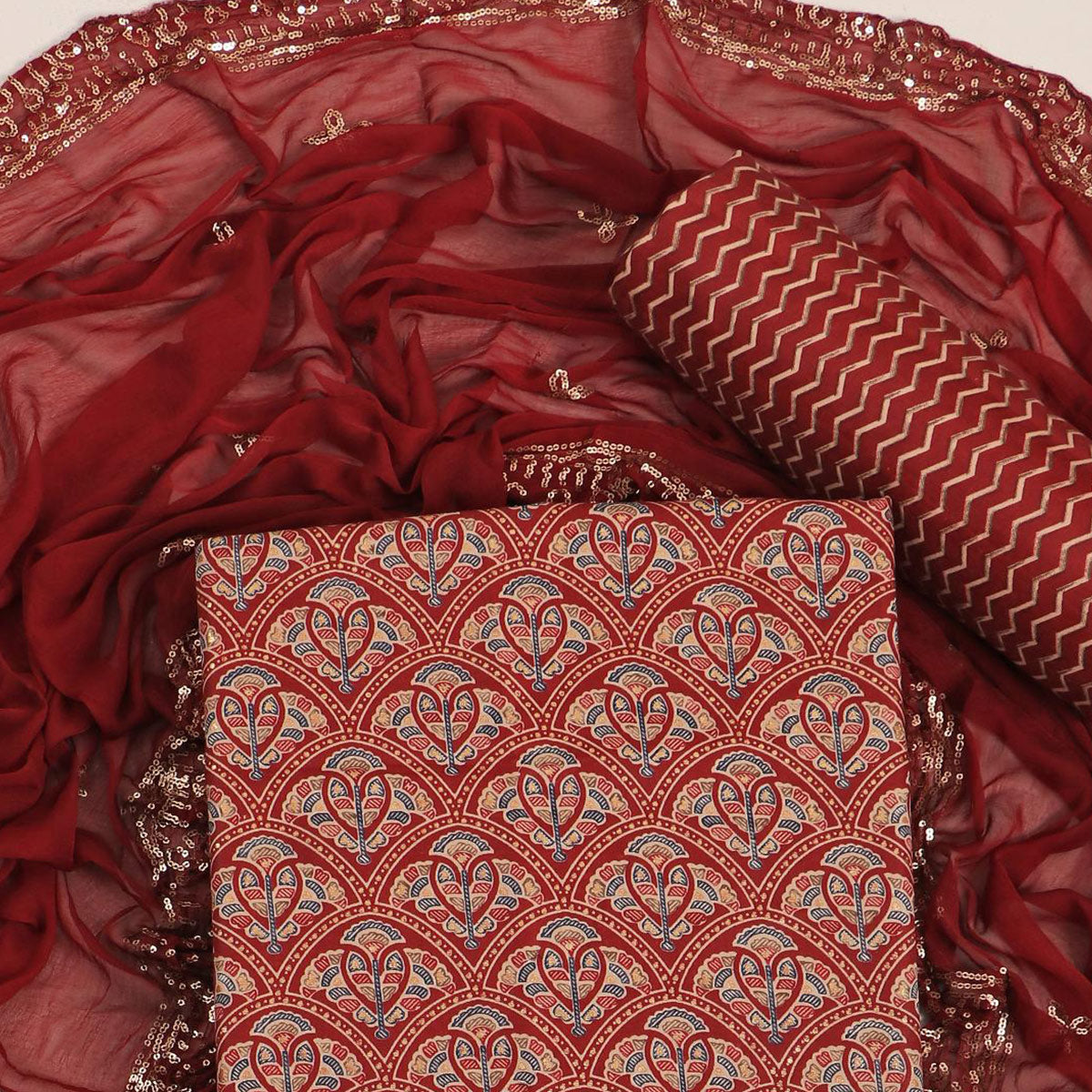 Maroon Floral Foil Printed Cotton Blend Dress Material