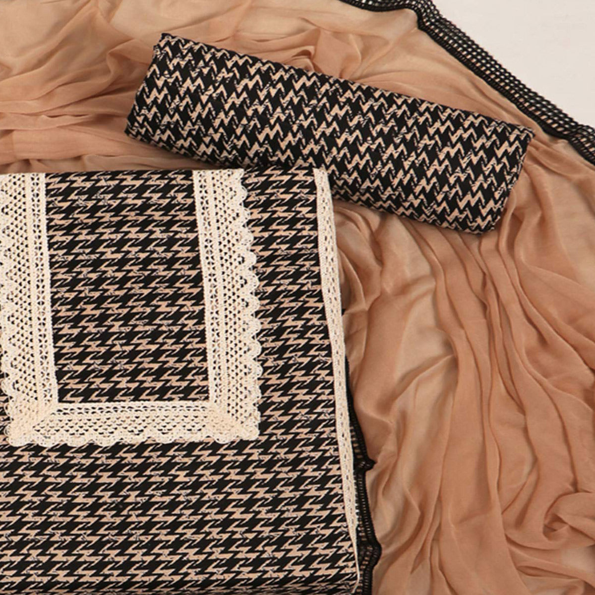 Cream & Black Printed Pure Cotton Dress Material