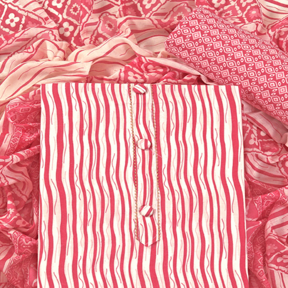 Gajari Pink Leheriya Printed With Gota Patti  Work Pure Cotton Dress Material