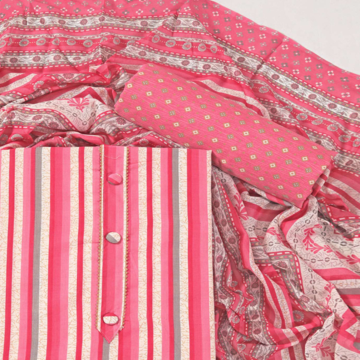 Gajari Pink Striped Printed With Gota Patti Work Pure Cotton Dress Material