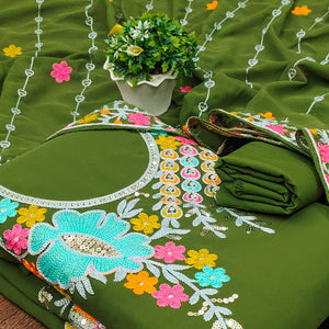 Mehendi Green Floral Sequins Embroidered Georgette Dress Material