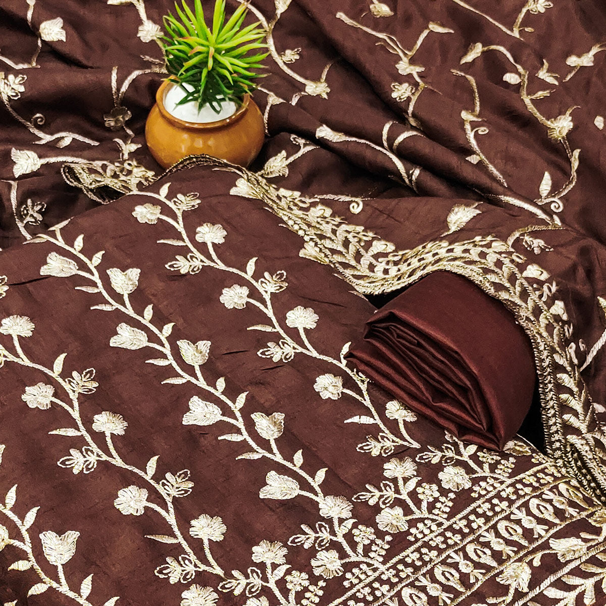 Brown Floral Embroidered Vichitra Silk Dress Material
