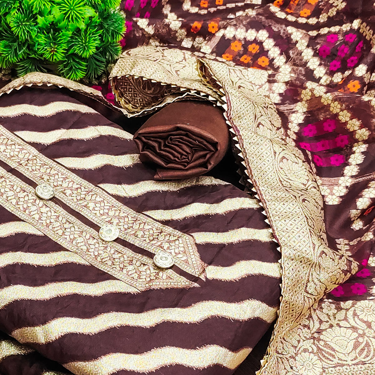 Brown Woven Jacquard Dress Material