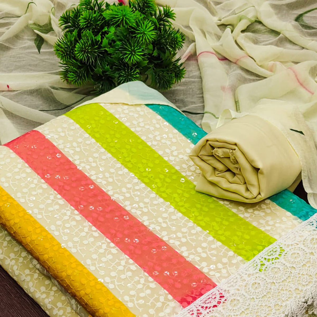 Cream Schiffli Embroidered With Digital Printed Georgette Dress Material