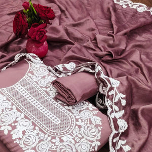 Mauve Floral Embroidered Chanderi Dress Material