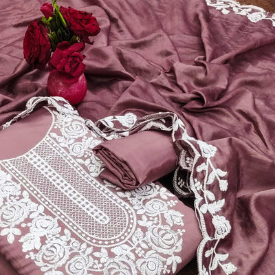 Mauve Floral Embroidered Chanderi Dress Material