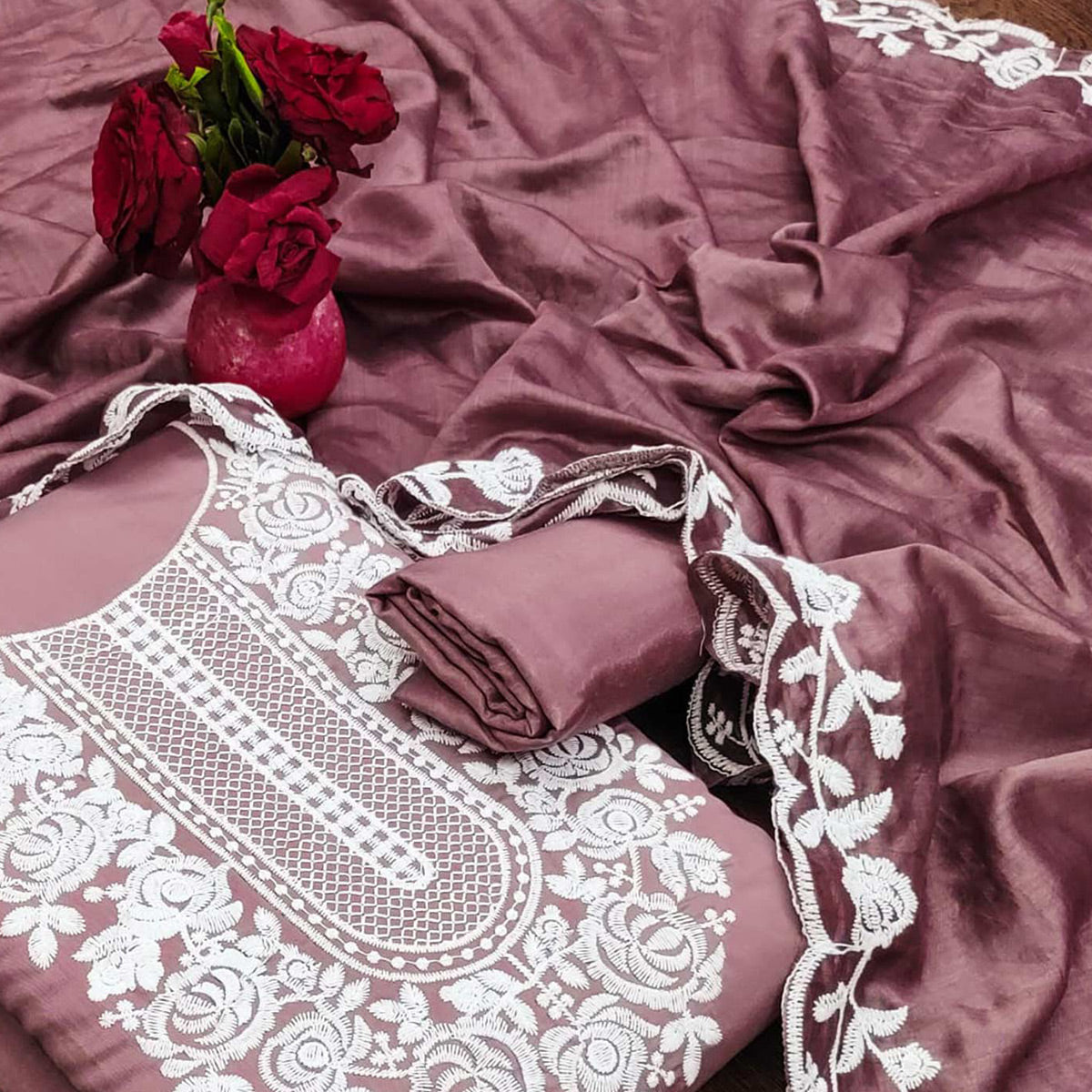 Mauve Floral Embroidered Chanderi Dress Material