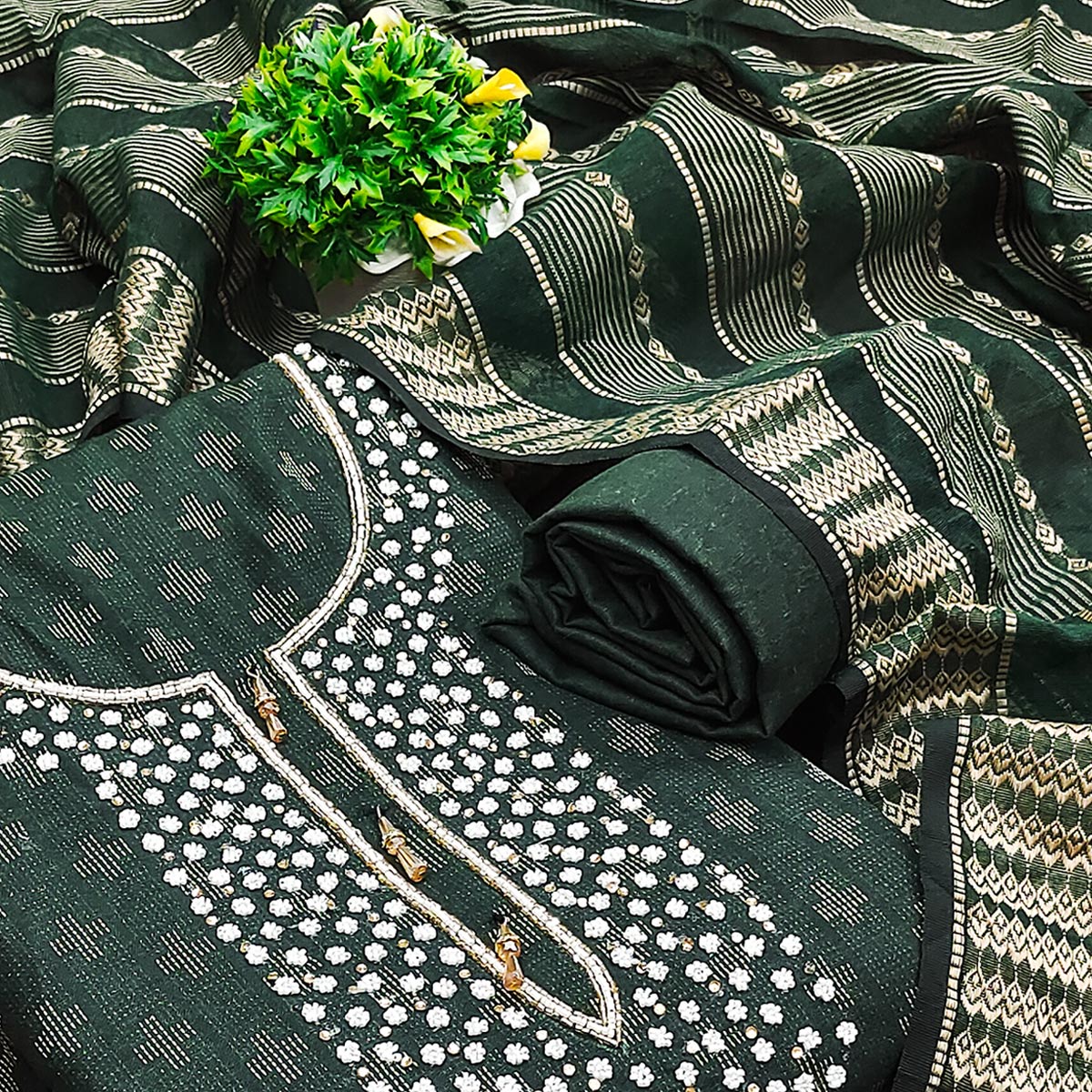 green-woven-with-handwork-cotton-blend-dress-material-1
