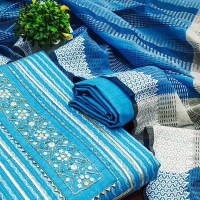 Blue Woven With Handwork Cotton Blend Dress Material