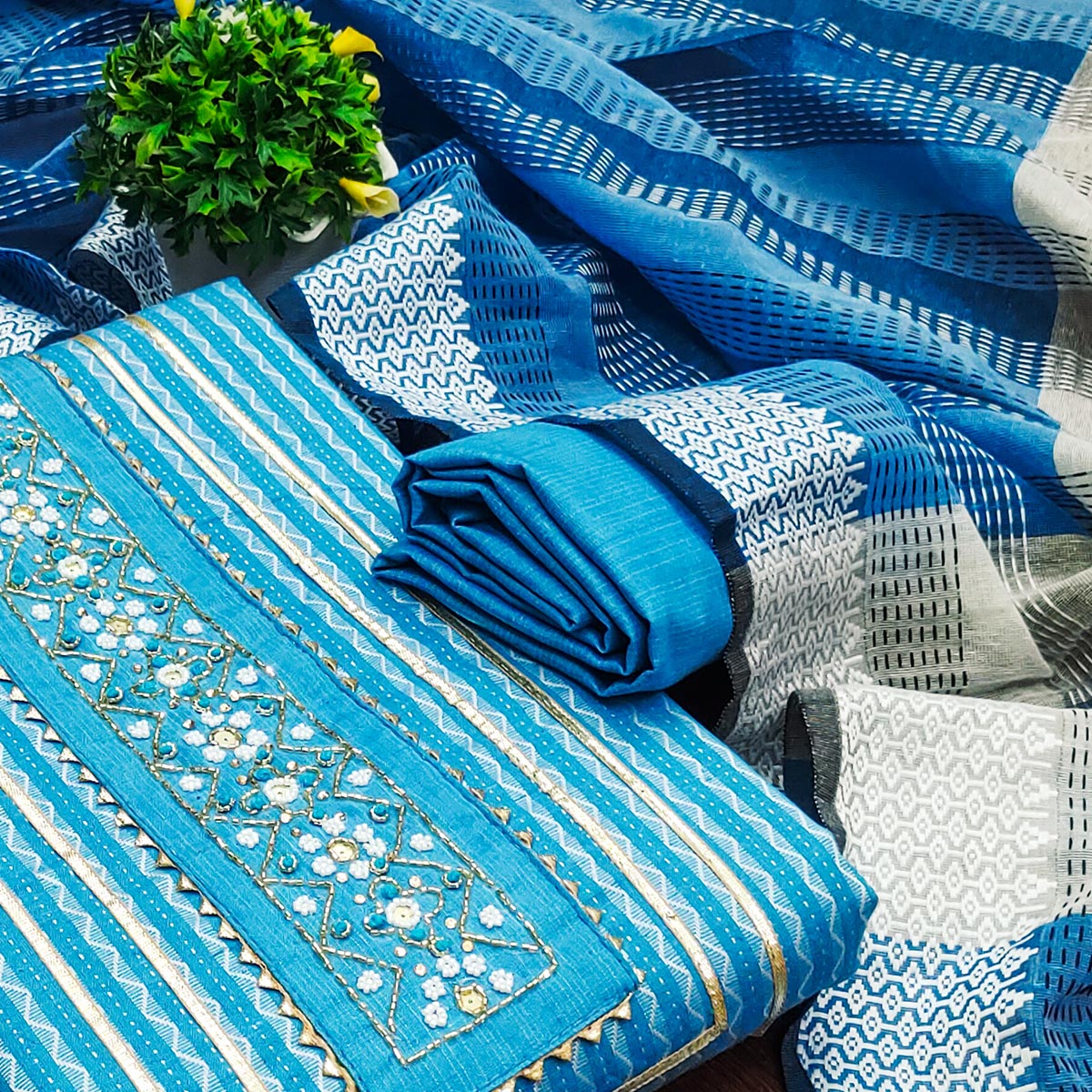 Blue Woven With Handwork Cotton Blend Dress Material