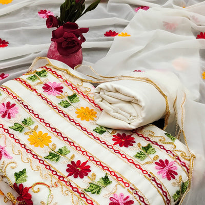 Cream Floral Embroidered Georgette Dress Material