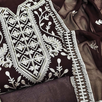 Coffee Brown Floral Sequins Embroidered Georgette Dress Material
