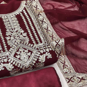 Maroon Floral Sequins Embroidered Georgette Dress Material