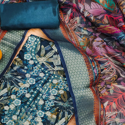 Morpich Blue Floral Printed Pure Cotton Dress Material