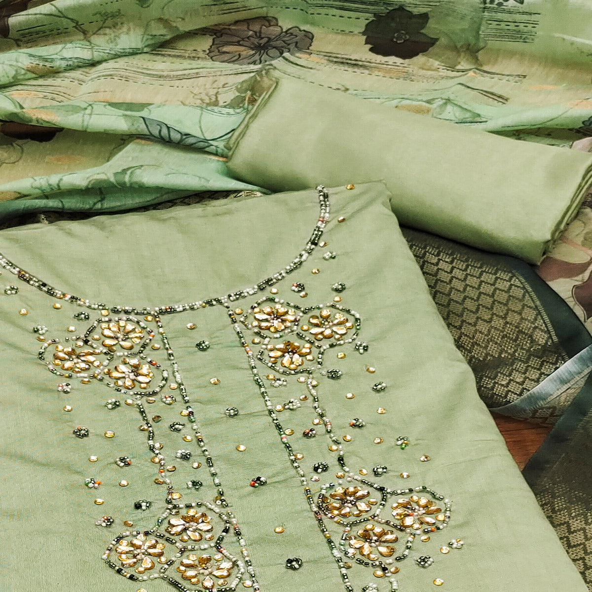 green-floral-handwork-cotton-silk-dress-material
