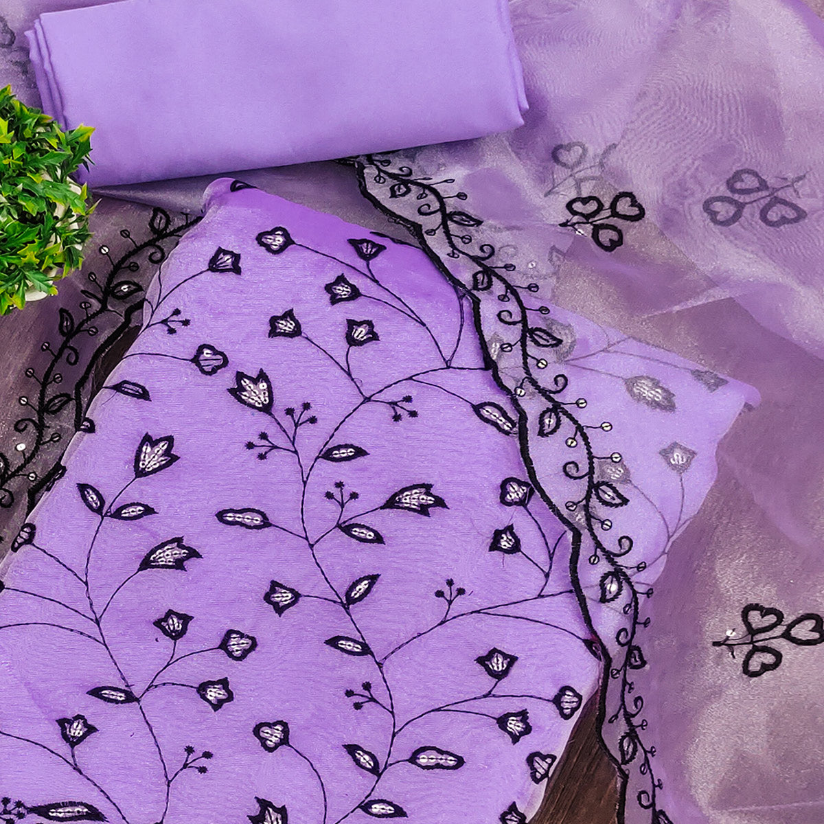 Lavender Floral Sequins Embroidered Organza Dress Material