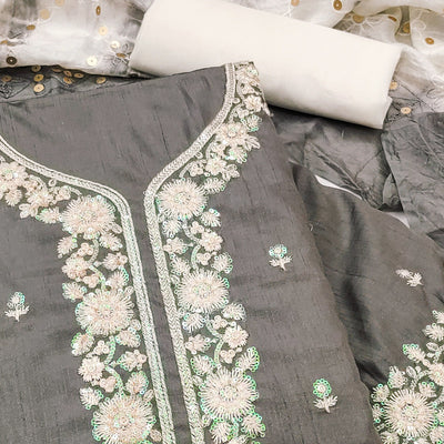 grey-floral-sequins-embroidered-art-silk-dress-material-7