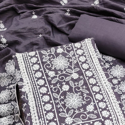 Dark Grey Floral Embroidered Art Silk Dress Material