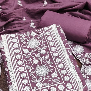 Dark Mauve Floral Embroidered Art Silk Dress Material