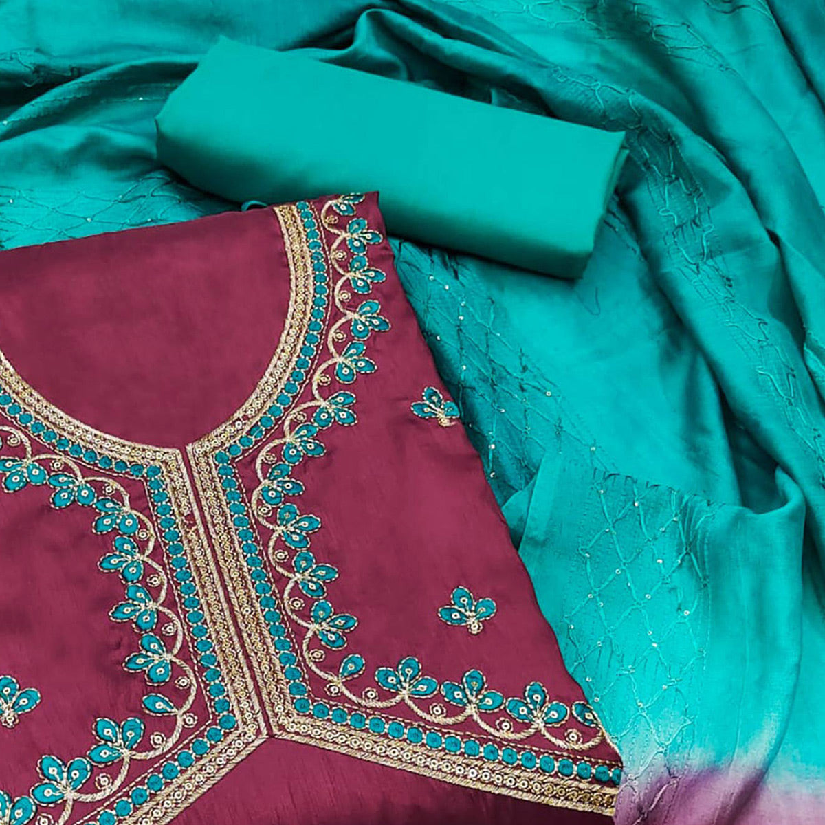 Maroon Floral Embroidered Zoya Silk Dress Material