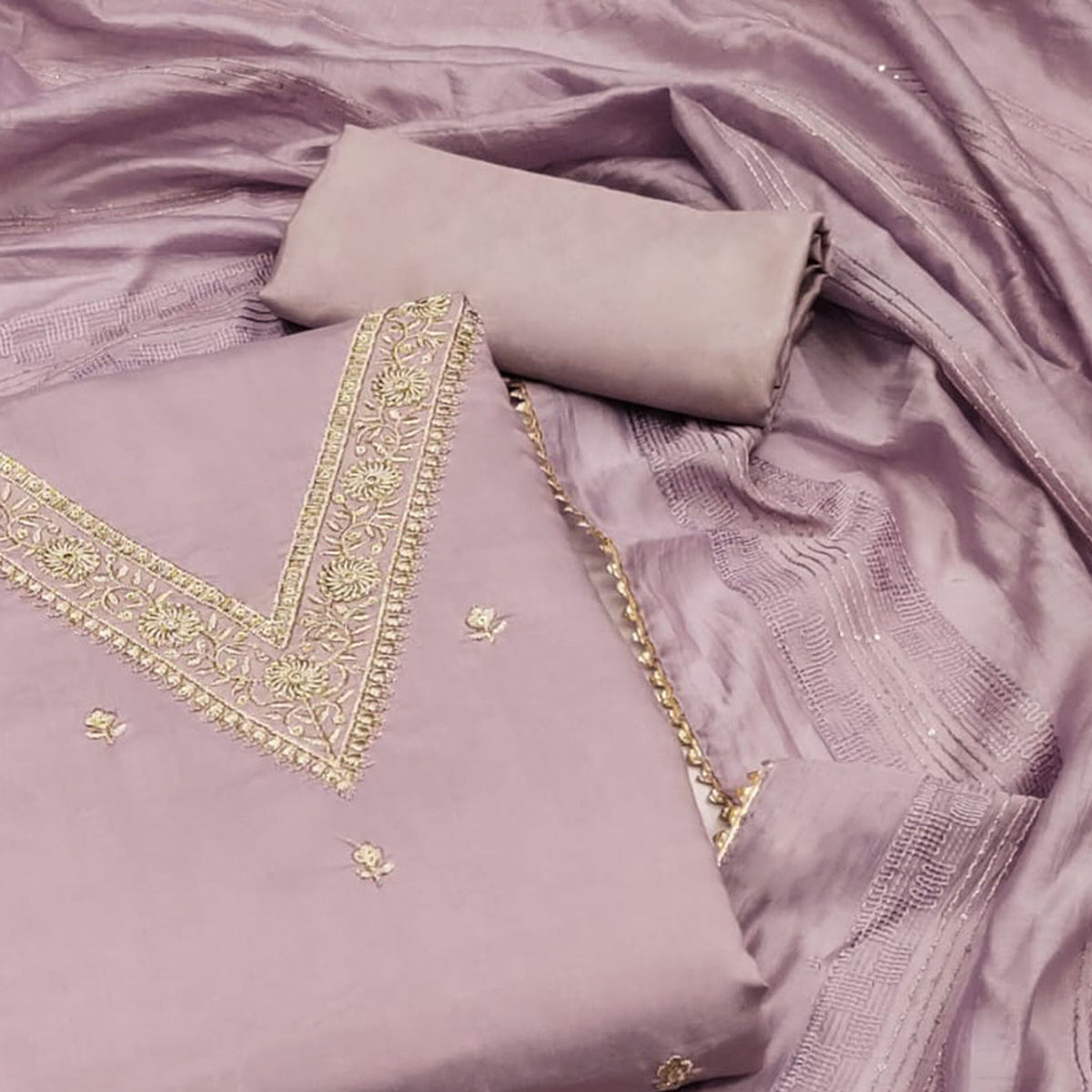 Light Purple Floral Embroidered Art Silk Dress Material