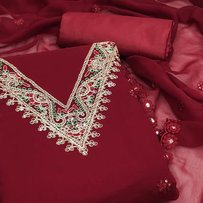 Maroon Sequins Embroidered Georgette Dress Material