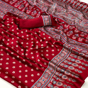 Maroon Ajrakh Printed Satin Saree