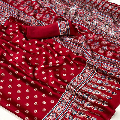 Maroon Ajrakh Printed Satin Saree