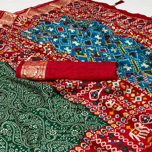 green-red-floral-printed-tussar-silk-saree-with-with-tassels