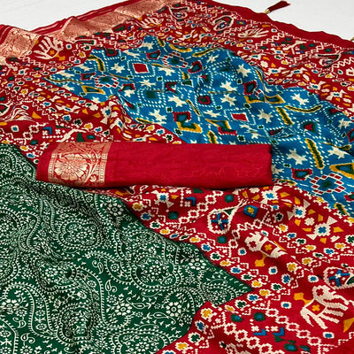 green-red-floral-printed-tussar-silk-saree-with-with-tassels