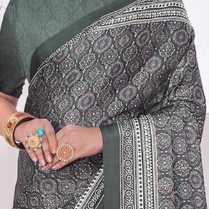 Bottle Green Digital Printed Crepe Saree