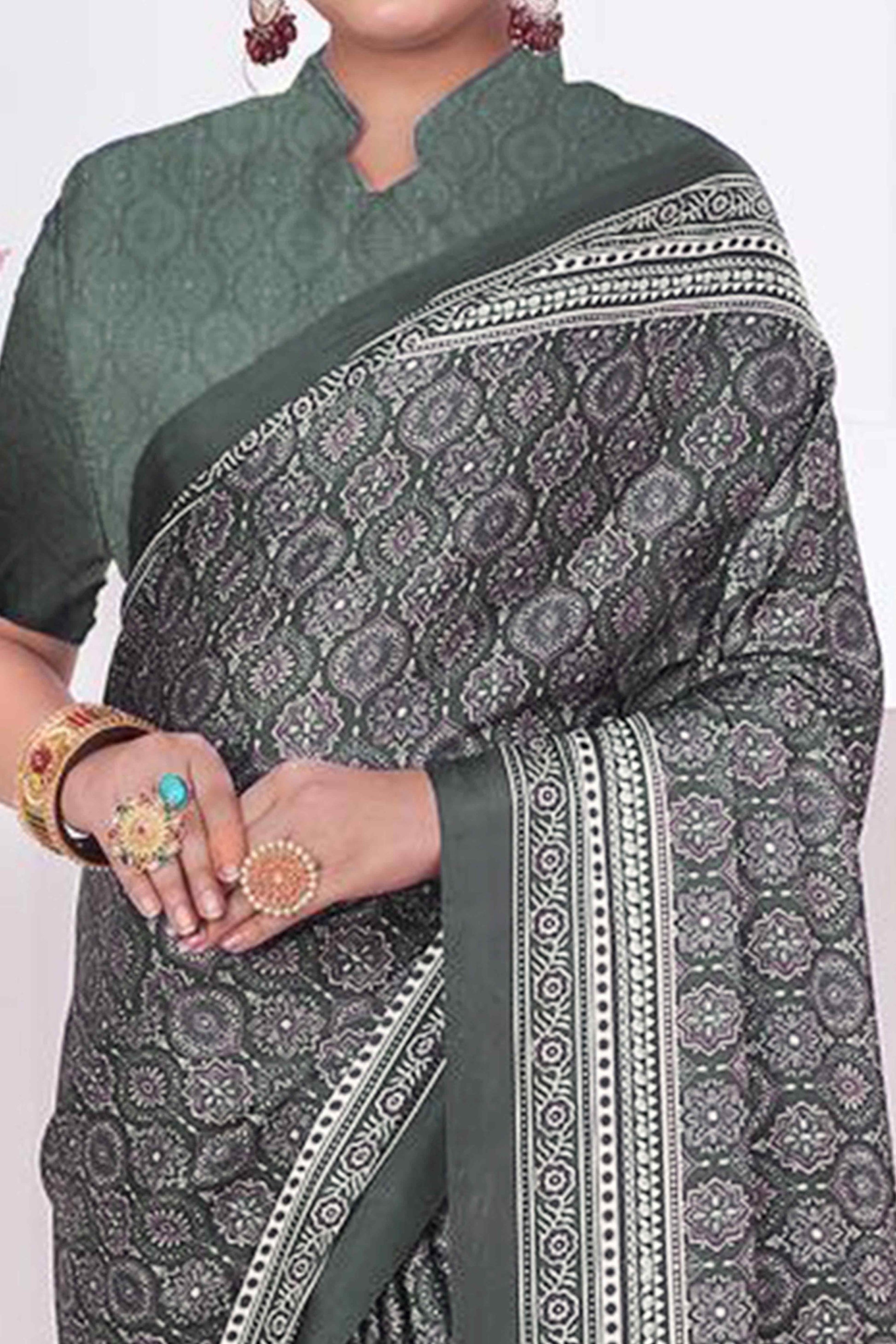 Bottle Green Digital Printed Crepe Saree