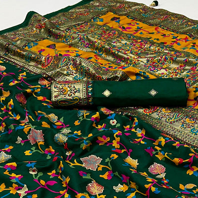 green-floral-foil-printed-tussar-silk-saree