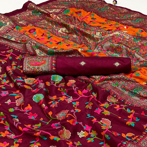 Maroon Floral Foil Printed Tussar Silk Saree