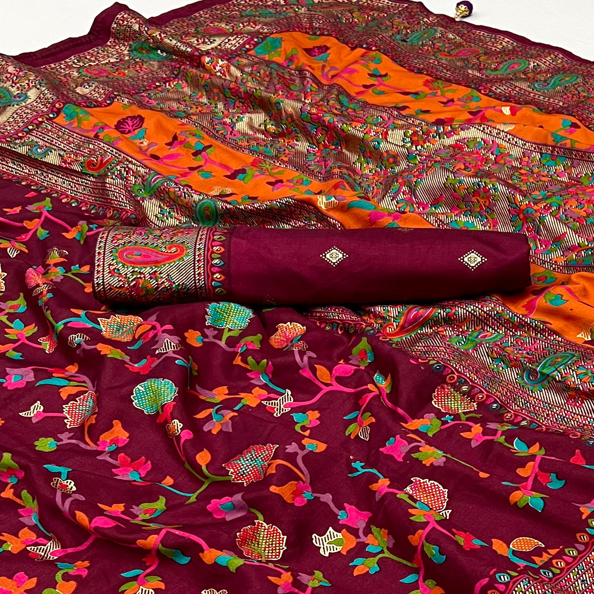 Maroon Floral Foil Printed Tussar Silk Saree