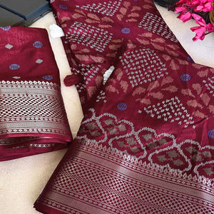 Maroon Ikkat Printed Cotton Silk Saree