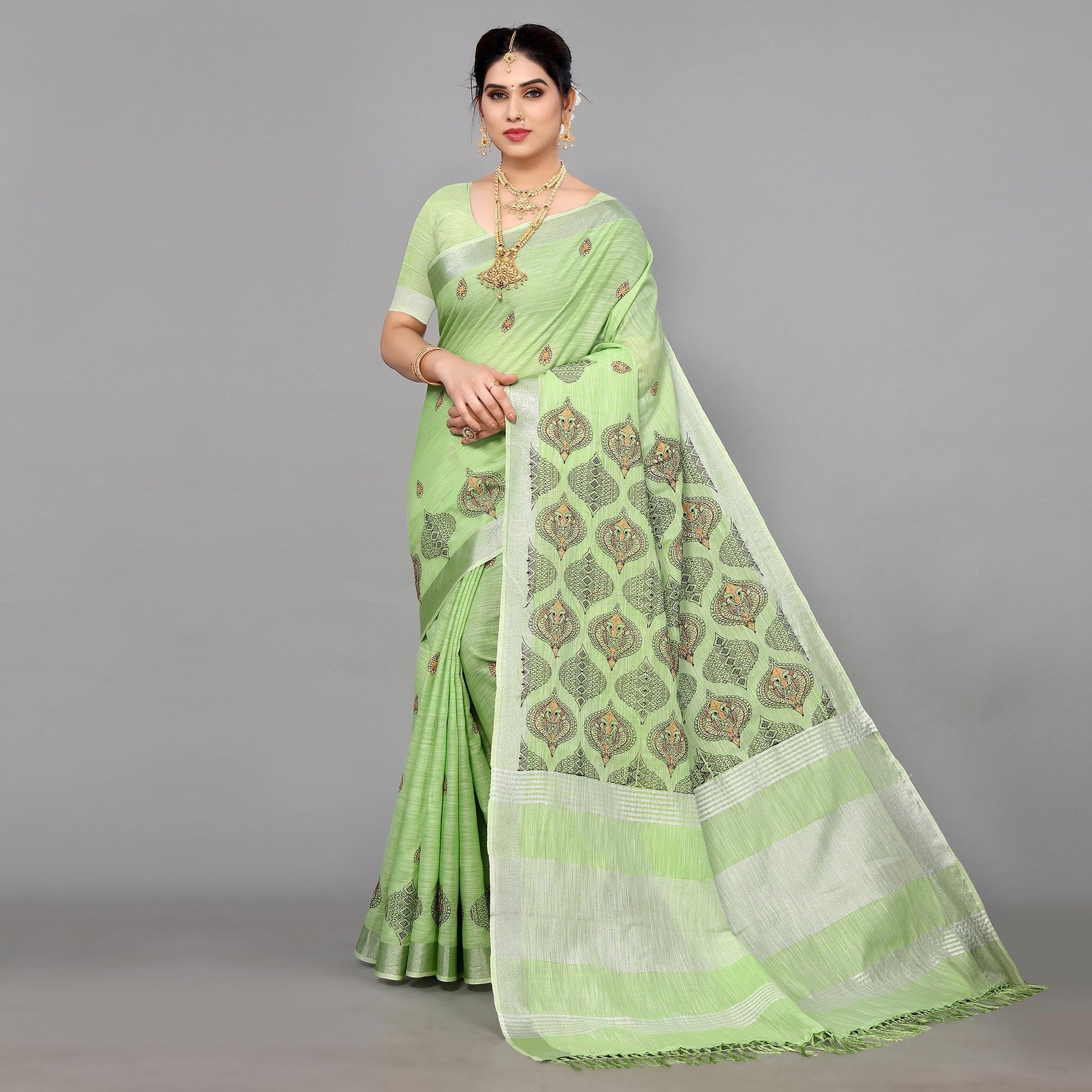 green-embroidered-cotton-silk-saree-with-tassels
