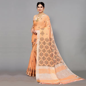 Light Orange Embroidered Cotton Silk Saree With Tassels