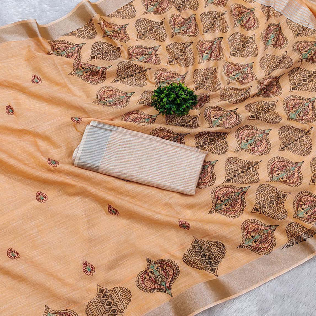 Light Orange Embroidered Cotton Silk Saree With Tassels