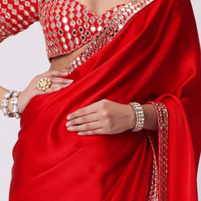 Crimson Red Mirror Embroidered Organza Saree