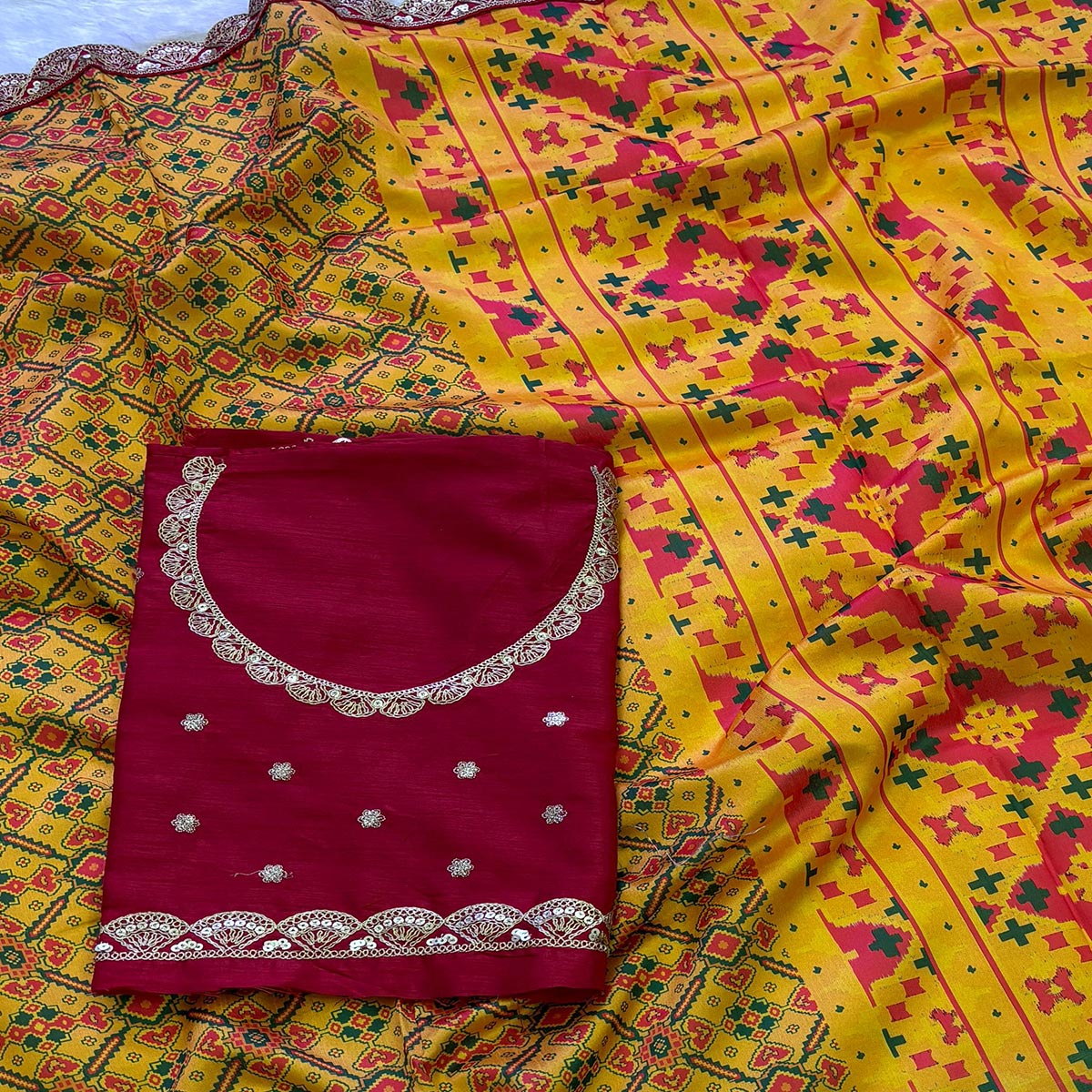 Mustard Printed Patola Tussar Silk Saree