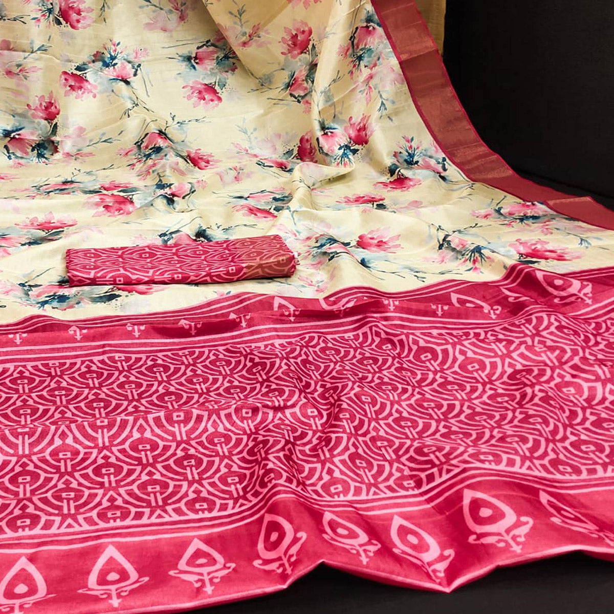 Cream & Pink Floral Digital Printed Dola Silk Saree With Jacquard Border