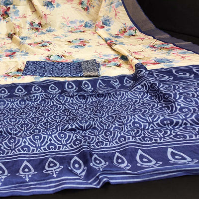 Cream & Blue Floral Digital Printed Dola Silk Saree With Jacquard Border