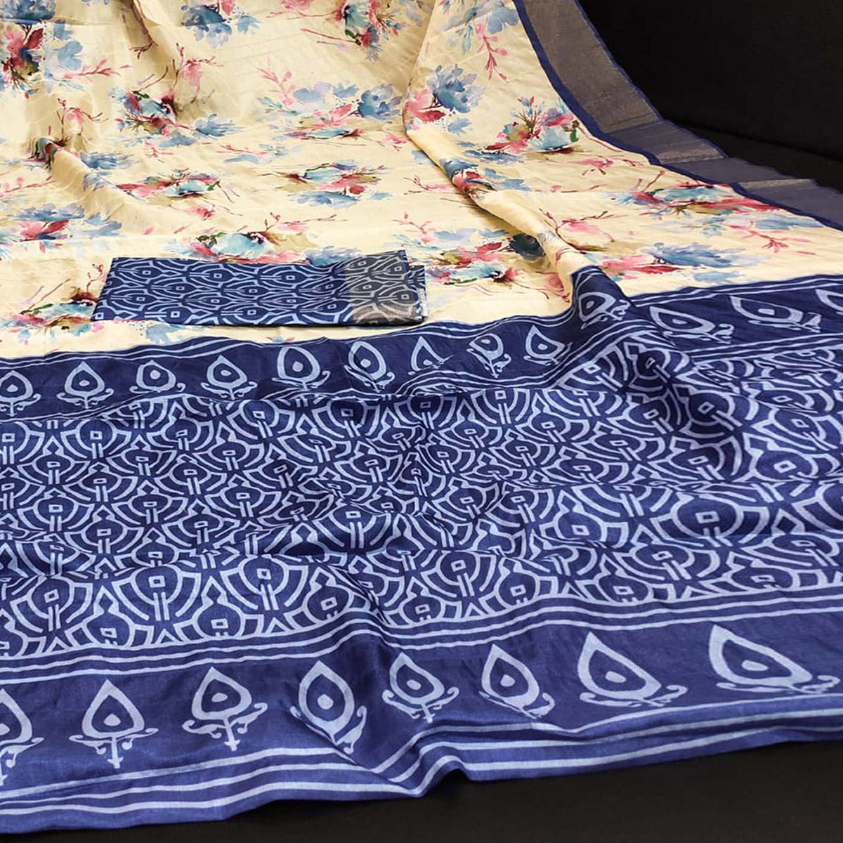 Cream & Blue Floral Digital Printed Dola Silk Saree With Jacquard Border