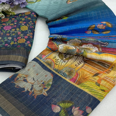 Multicolor Checks Zari Woven With Printed Linen Saree