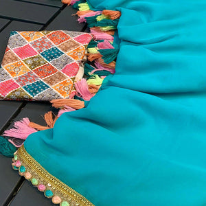 Blue Solid Georgette Saree With Sequins Embroidered Border