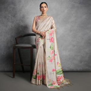 Light Brown Digital Printed Tussar Silk Saree