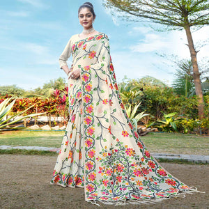 Cream Floral Woven Cotton Silk Saree With Tassels